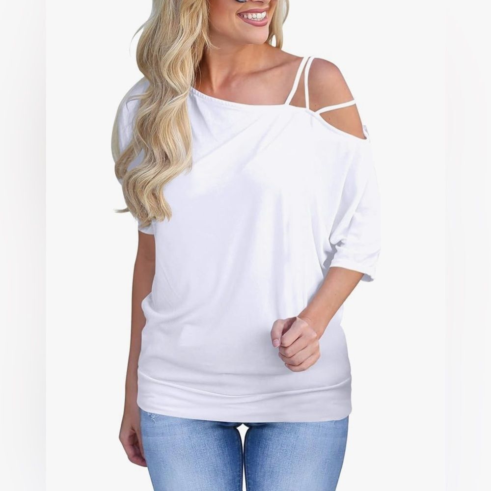 Women’s Short Sleeve Top - Off Shoulder, One Shoulder Shirt - White - L - NWT